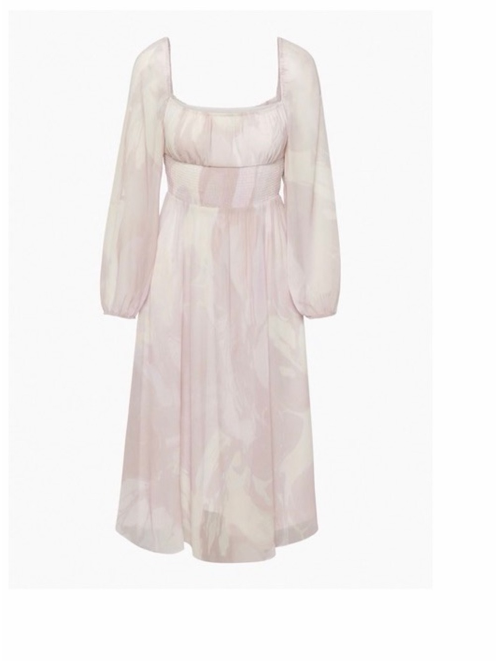 Wilfred Bella Slit Dress Pale Pink Smocked-Waist Midi Dress with Puff Sleeves